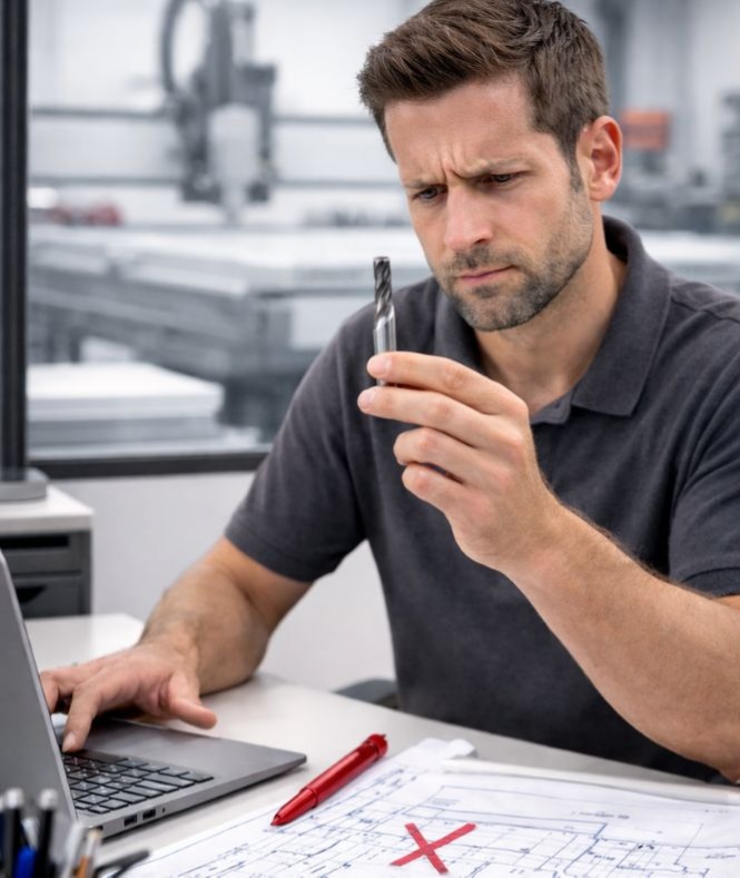 Complete CNC Solutions | CNC operator reviewing tooling decisions at a desk after performance issues persist