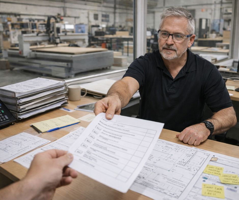 Complete CNC Solutions | CNC manager handing a trainee a checklist to operate the CNC machine