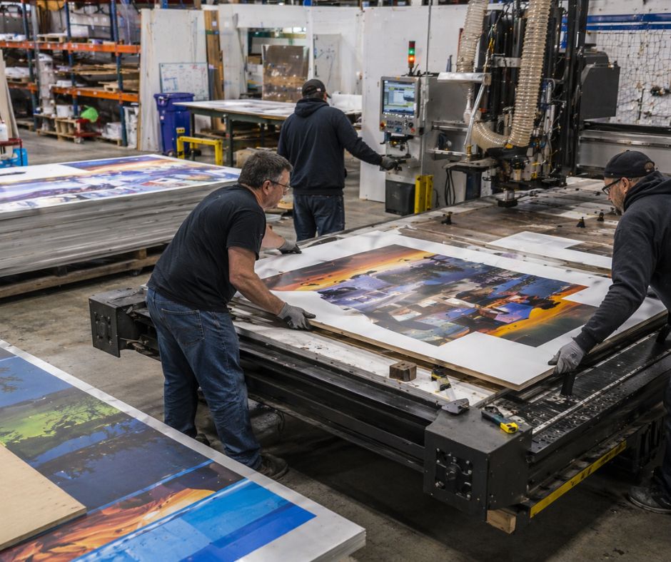 Complete CNC Solutions | Operators manually handling large printed boards on a CNC router in sign production