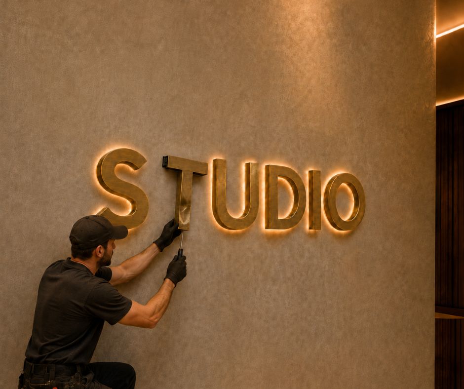 Complete CNC Solutions | Installer uses a screwdriver to take down a damaged letter in a wall-mounted illuminated sign