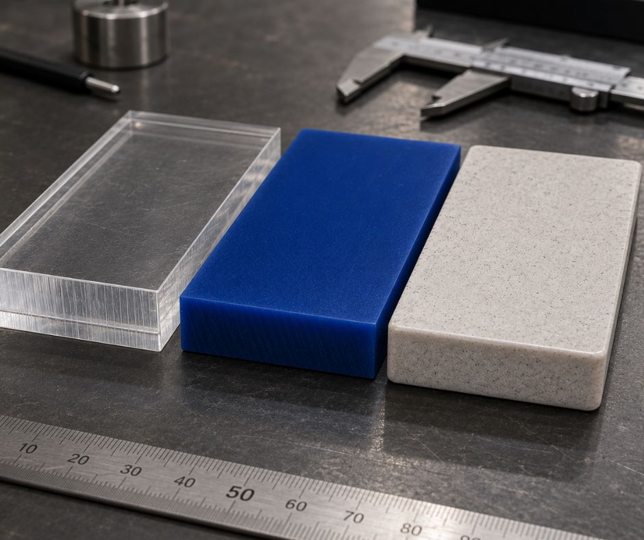 Complete CNC | Machined samples of polycarbonate, HDPE and solid surface showing different cut edges