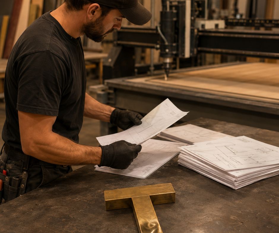 Complete CNC Solutions | Sign fabricator reviews technical drawings beside a CNC router and a damaged metal letter