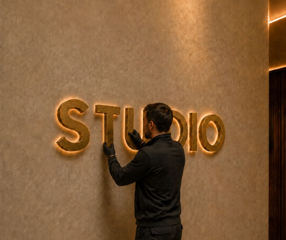 Complete CNC Solutions | Installer positions the repaired letter within a wall-mounted STUDIO sign