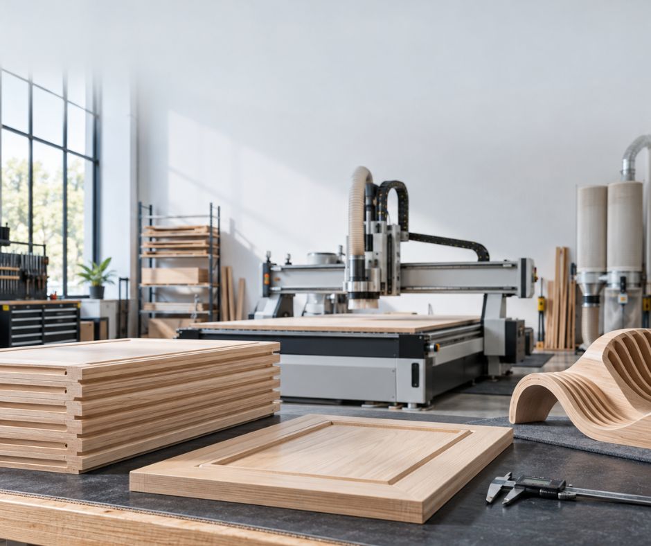 Complete CNC |CNC router workshop with repeat production panels, precision timber component and quality control tools