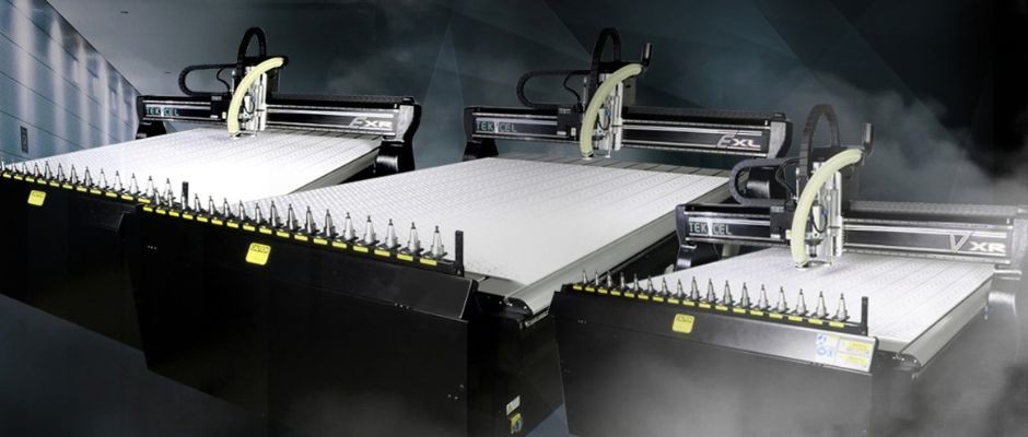 Complete CNC Solutions | Three Tekcel CNC routers from Complete CNC Solutions, showing the EXS, EXL and EXR models